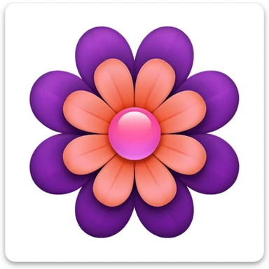 modern abstract flower emoji with five rounded deep purple petals arranged symmetrically with a circular gap in the center, glowing coral-pink sphere in the middle, very light pink rounded square background like a modern app icon, minimal elegant slightly futuristic sticker