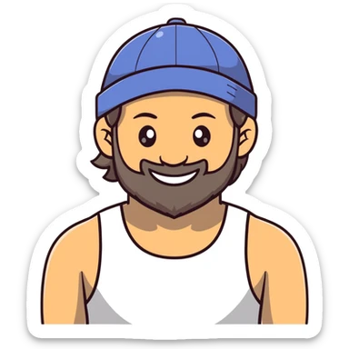 Alex Hormozi, white man with mid-long hair wearing a cap, big beard, smiling, white tank top sticker