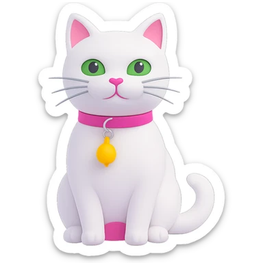Edit the image of a white cat with a pink collar and a yellow bell on the collar. Change the cat's eyes to green. Remove the background so it is transparent. Maintain the style and details of the original image. sticker