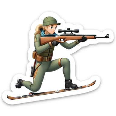 An icon showing a snowy landscape with pine trees, mountains, and a clear sky with a biathlete aiming a rifle in the foreground, wearing winter gear and skis. Transparent background emphasizes the precision, endurance, and beauty of this winter sport. sticker
