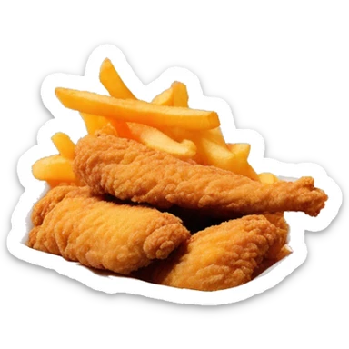 3 chicken tenders with crinkle fries and orange sauce on the side in a styrofoam container styrofoam container sticker
