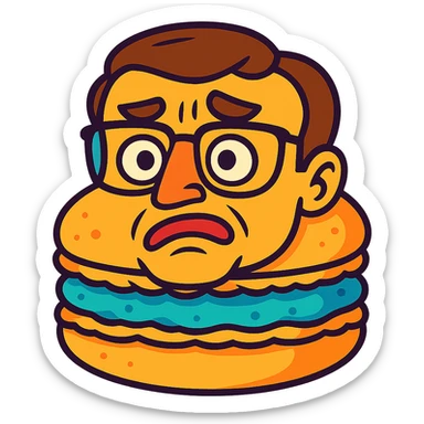 Emmanuel Macron transformed into a macaron with an expressive face, vibrant colors sticker