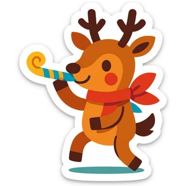 deer with ribbon scarf holding birthday horn in vibrant-toon style sticker