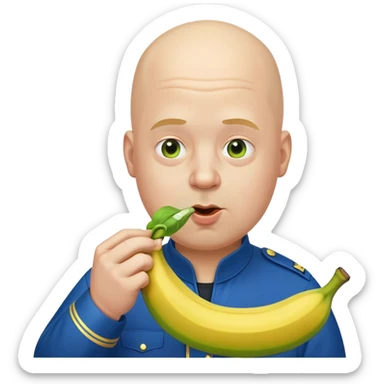 bald a bit fat man in a blue uniform eating a toxic green banana sticker