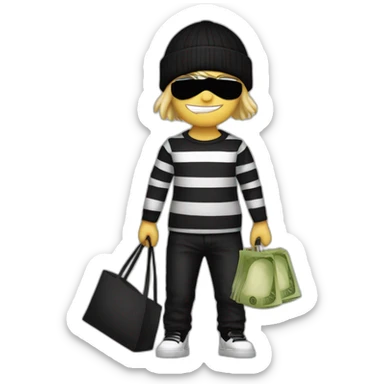 robber with blonde hair wearing a black beanie and a long sleeved white and black horizontally striped t-shirt and wearing black eye mask and holding a bag of money in their left shoulder sticker