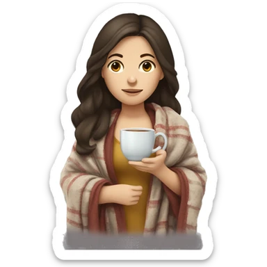Brunette girl with tea in her hands and a blanket over er shoulders and sick sticker