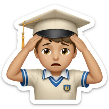 Create an emoji of a young boy student crying. He is wearing a university uniform, including a shirt and pants and hat. The boy is visibly upset, with tears streaming down his face, and he is wiping his eyes with his hand. The background should be simple to emphasize his emotional state, conveying the feeling of being overwhelmed with school stress or personal struggles sticker