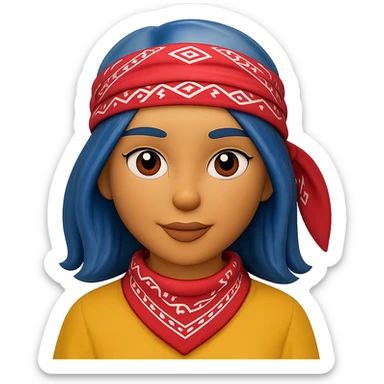 Create an image of a woman with a bandana and blue hair in the style of Apple emojis, with no background. The style should mimic the look of Apple emojis. sticker