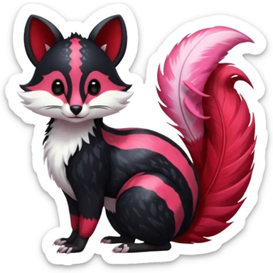 Feral Rare Fantasy shiny soft fuzzy furry vibrant tropical obsidian-black and crimson-red Vernid-Trico-species-creature by LiLaiRa, random markings, tufted tail, tufted ears, full body with markings with white skunk-tail-stripes sticker