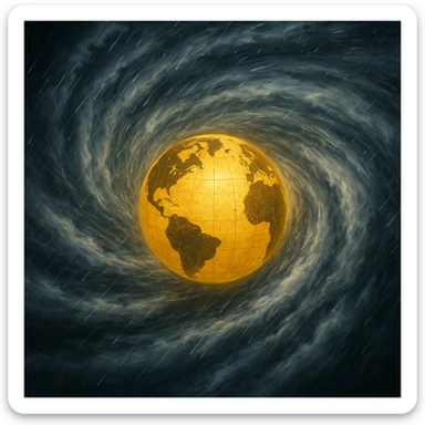yellow globe in the center of a hurricane, swirling wind and rain, intense motion sticker