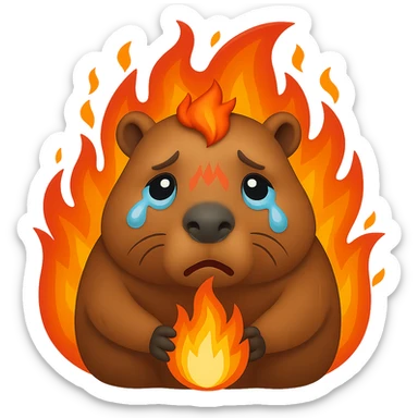 crying capybara, a fire around, emoji style sticker