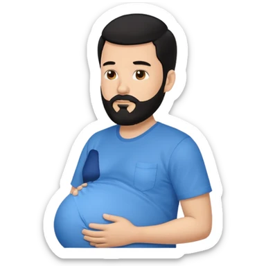 pregnant man with black beard and hai in a blue shirt, side view sticker