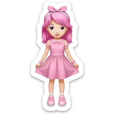 A girl wear a a pink pink dress and pink wacth and a pink hairband and a white shoes sticker