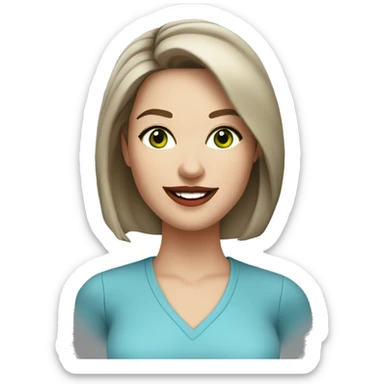 A headshot of a cheerful woman in her 30s with light white skin, shoulder-length dark brown hair, and a round face with prominent cheekbones. She has dark green eyes, full lips with red lipstick, and a warm, friendly smile. She's wearing a blue shirt. sticker