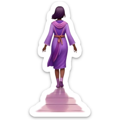 A small figure walks back across a foggy bridge, holding soft pink and purple orbs in each hand—symbolizing compassion and forgiveness. A gentle heart aura trails behind them, showing healing in motion. sticker