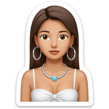 latina makeup olsun, saçları düz, halka küpeler büyük gümüş renginde olsun, kolye taksın ve beyaz bir Bandeau top kıyafet giyisin sticker