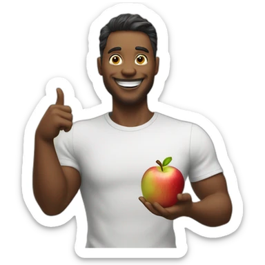 fruit real man smiling at the camera with an apple in his hand and pointing behind him sticker