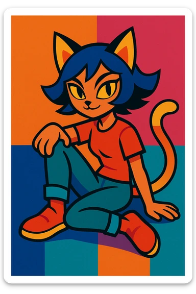 stylized girl with cat-like features, such as pointed ears, a tail, and feline posture, modern colorful art style, vibrant toon illustration sticker
