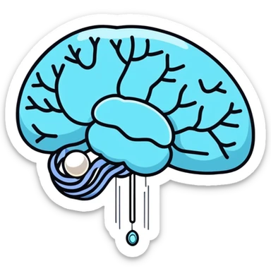 Cute sticker of a pearl and light blue capsule floating around a transparent brain with sparkling neural connections, surrounded by a gentle focus enhancing fog sticker