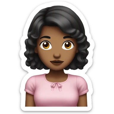 Girl with black hair , mad , her hair is not curly neither straight its ondulated hair , it's short and she has brown eyes and she has a bow that its pink on her hair sticker