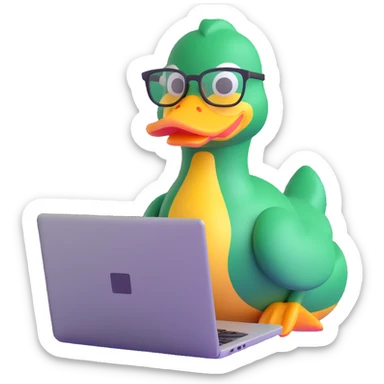 Animated duck wearing glasses, programming Python on a laptop sticker