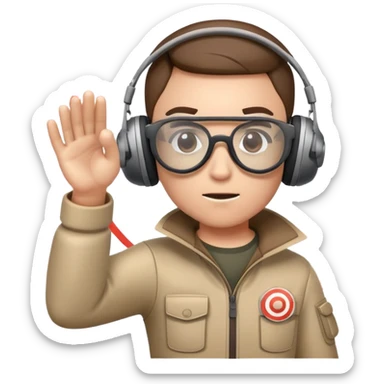 A focused shooter in protective headphones and special glasses, aiming precisely at a target. The setting includes a shooting range with clear markers and a calm, controlled environment, emphasizing concentration, accuracy, and the discipline of the sport sticker