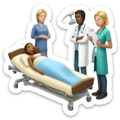a woman gives birth and doctors stand nearby sticker