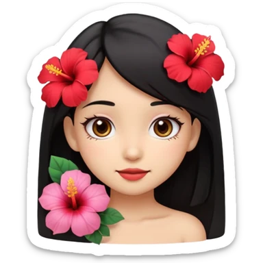 kawaii emoji-style girl face, inspired by Lilo, big eyes, soft smile, tan skin, straight black hair, red hibiscus flower on left, minimal details, pastel colors sticker