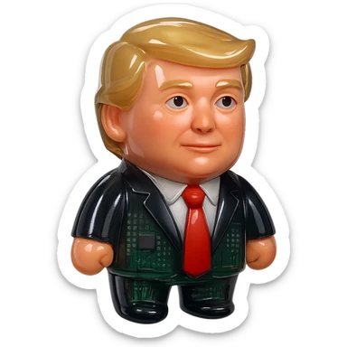 Donald Trump, modern 3D avatar, dark suit, red tie, realistic face with cartoon polish, glossy, black background, centered sticker