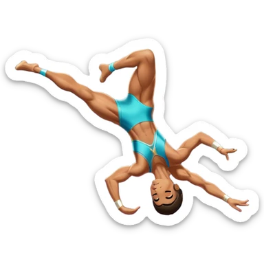 A skilled acrobat mid-air, executing a breathtaking flip with perfect control. The pose radiates strength, balance, and agility. The background suggests a dynamic performance space, with stage lights or a competition arena, emphasizing motion, precision, and teamwork. sticker