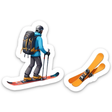 Icon for Mountain Tourism: a distant snow-capped mountain peak with skis, a snowboard, an ice axe, a backpack and a camera. The icon should convey the spirit of adventure and exploration in the mountains. Transparent background. sticker