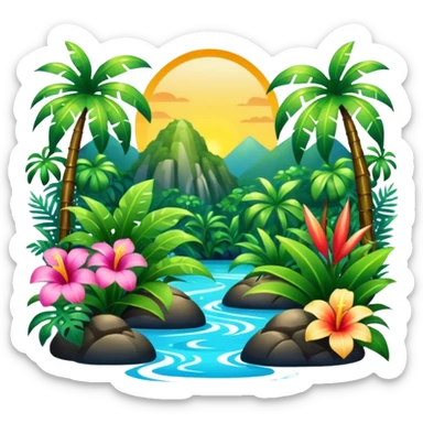 Lush exotic tropical sparkly colorful flowery jungle nature scenery  sticker