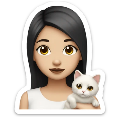 Emoji girl, light skin, black straight hair, brown eyes, beautiful, holding white fluffy cat sticker