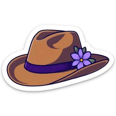 Cowgirl hat with purple lavender flowers, wide-brimmed brown western hat sticker