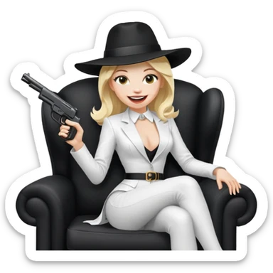 Mafia blondes Laughter woman in hat , gun ,black armchair , white costume  sticker