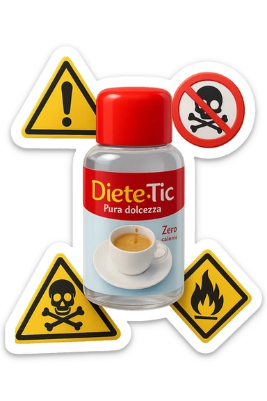 BOCCETTA DI DOLCIFICANTE LIQUIDO CON LA SCRITTA "DIETE-TIC" SULL'ETICHETTA FLUTTUA IN ARIA INSIEME A SEGNALI DI PERICOLO 3D sticker