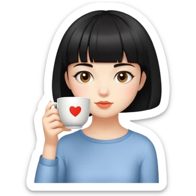 cute girl with shor black bob and short bangs drinking tea sticker
