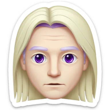 Beyaz uzun ve düz saçları olan,mor göz rengi olan, bembeyaz tenli bir erkek,genç,gözleri hafif çekik ve saçları da teni de bembeyaz olacak,genç olacak,kırışıklığı olmayacak,gözleri çekik ve mor renk olacak,alnında kırışıklık olmayacak,saçı daha beyaz olsun,genç olacak sticker