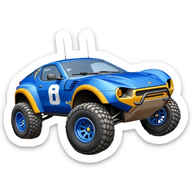 Dirty Midnight-blue Local Motors Rally Fighter off road race car after jumping over a dirt ramp  sticker