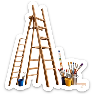 Wall painting icon, hand-painted mural on a wall, visible paintbrushes, paint pots, and ladder, a beautiful picture in progress on the wall, intricate patterns or designs, minimalistic style, clean lines, transparent background. sticker