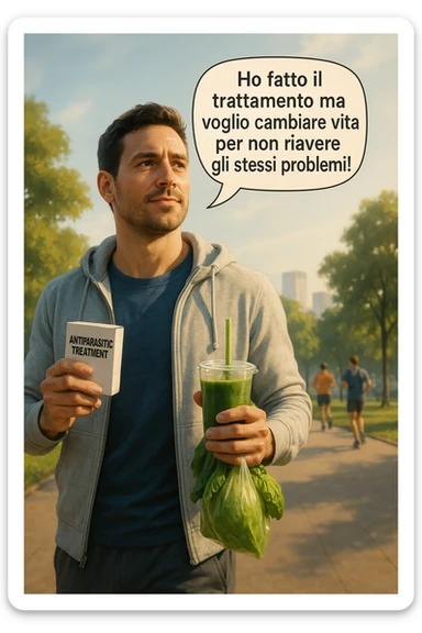 A realistic, cinematic illustration of a man in his early 30s with a determined and hopeful expression, standing outside under a bright morning sky, holding a small box labeled 'Antiparasitic Treatment' in one hand, while in the other hand he holds a fresh green smoothie or a bag of vegetables. A speech bubble near him says: ‘Ho fatto il trattamento ma voglio cambiare vita per non riavere gli stessi problemi!’ The man is wearing casual but clean and sporty clothing, symbolizing a fresh start, with the background showing a city park with green trees, morning light, and people jogging, indicating a healthy lifestyle. The atmosphere is bright, uplifting, and motivating, clearly illustrating the transition from treatment to lifestyle change to prevent future health issues. The style is realistic with warm tones, showing positive energy and commitment to change in italiano sticker