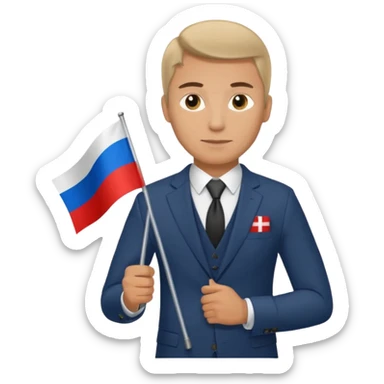 Russian man in a suit with a flag sticker