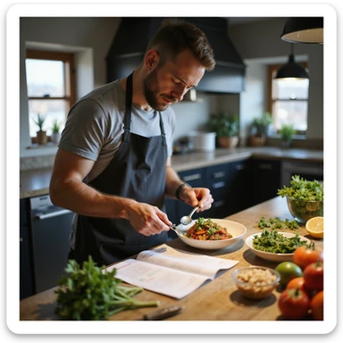 realistic image of a man preparing a meal following a nutritional plan, fresh ingredients, open nutritional plan on the counter, bright atmosphere, realistic details sticker