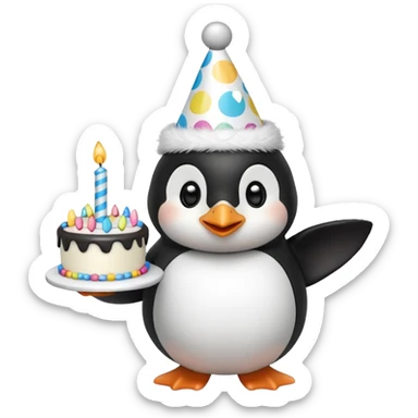 cute penguin with birthday hat hold a birthday cake in arms sticker