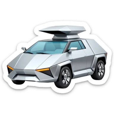 A futuristic chrome car emoji, sharp geometric body design inspired by cybertruck aesthetics, smooth silver metallic surface, matte and glossy chrome mix, minimal details, soft reflections, clean edges, iOS emoji style, centered, clean white background, soft studio lighting, no text sticker