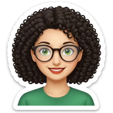 iranian woman, tight curly hair, glasses, green eyes, pretty, oval shape face sticker