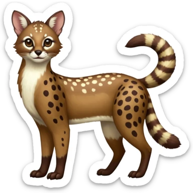 Colorful dark chocolate-brown tropical beige fur glorious divine exotic cute cool beautiful shiny beautiful fantasy-caracal-civet-genet-sergal-vernid-Cacomistle-oncilla-animal-Fakémon-hybrid-fursona with white deer-spots pattern markings (full body) sticker
