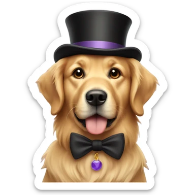 Golden retriever with a top hat sticker