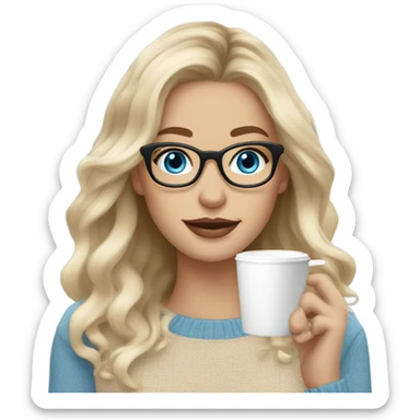 Blonde balayage long hair white women beige sweater blue eyes and small glasses holding coffee sticker