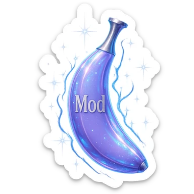 banana-shaped luxurious elixir bottle, color #7986cb, iridescent and silver details, intense magical glowing and sparkling effects, very small neck, seamless bottom, transparent background, floating, no base or shadow, modern, matching a collection, the word 'Mod' on the bottle sticker